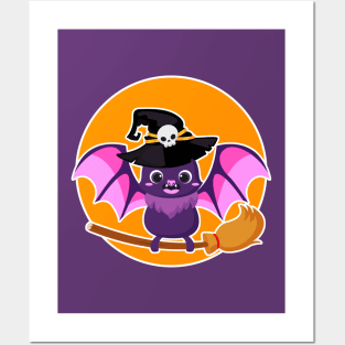 Cute Halloween Witch Bat Posters and Art